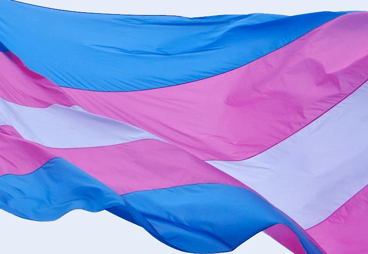 Bandeira Trans tremulando ao vento.